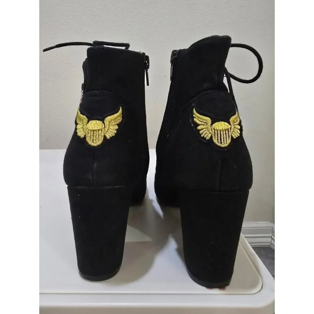 Black Ankle Boots Lace Up Block Heel Star Patch Size 8.5 Women Airforce Grunge - Picture 5 of 8